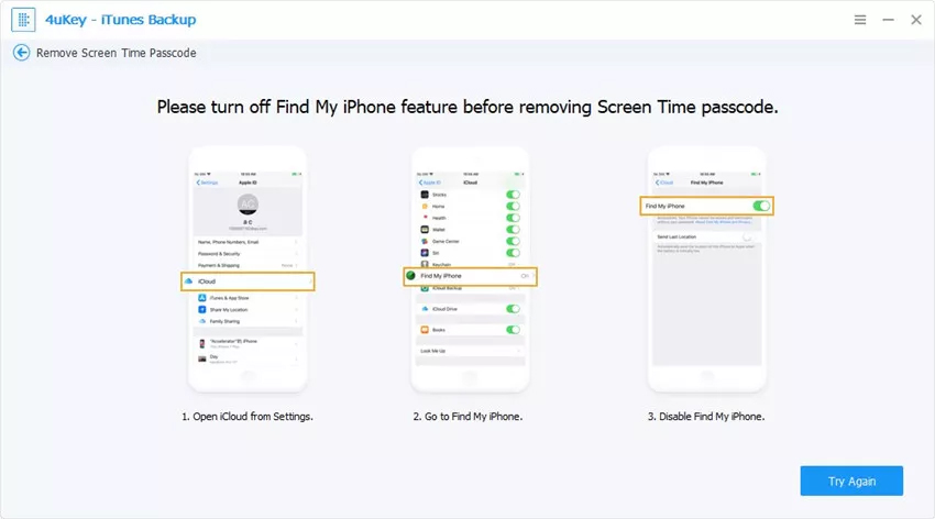 Tenorshare 4uKey – iTunes Backup – Turn off Find My iPhone before turning off Parental Controls