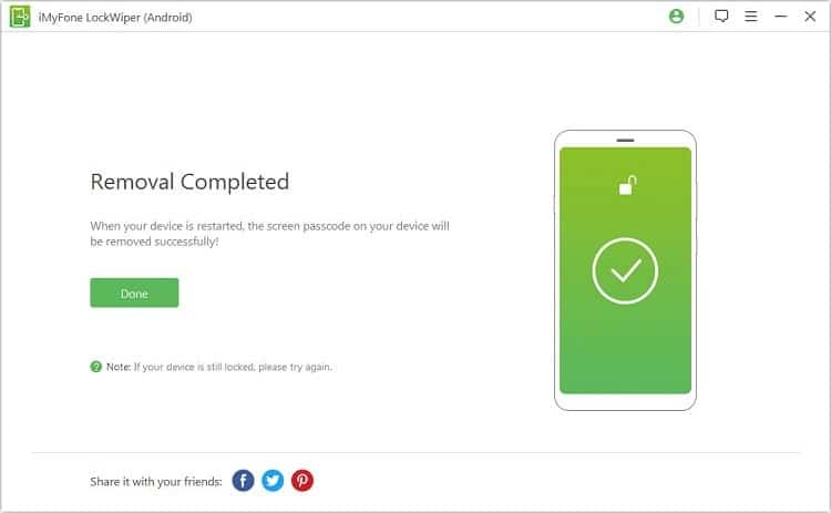 iMyFone LockWiper Android – passcode removal completed