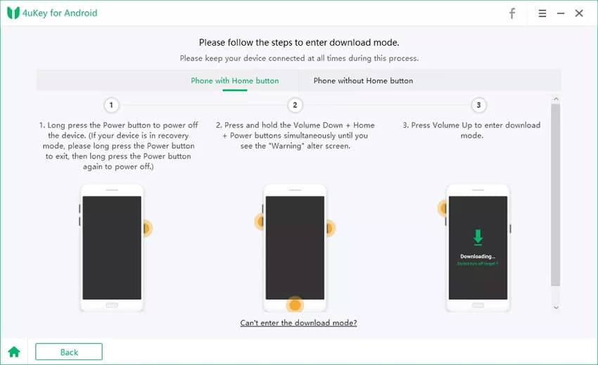 Follow instructions to enter into Download Mode for Samsung device with Home Button