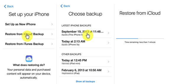 Click Restore From iCloud Backup And Choose Backup