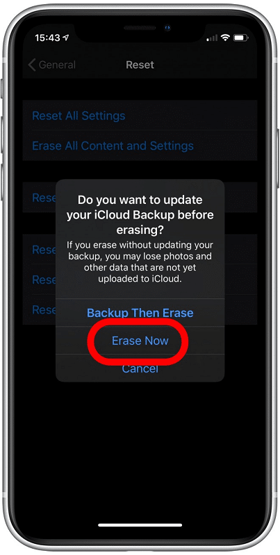 from the warning, tap erase now to authorize the operation