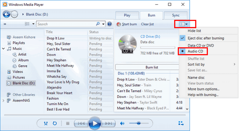 how to burn a cd from spotify using windows media player