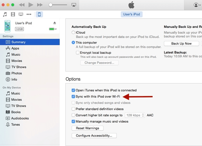how to enable wireless syncing mode on itunes