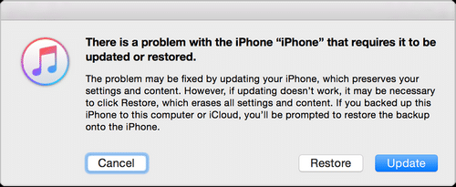 your iphone requires updating or restoring prompt on itunes