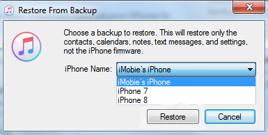 select an itunes backup to restore in itunes