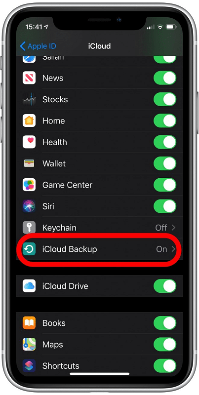 select icloud backup from the icloud menu