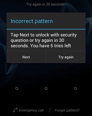 wrong pattern, try again warning in android tablet