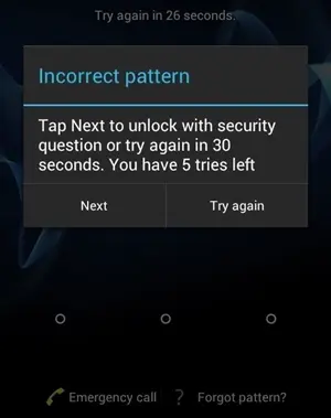 wrong pattern, try again warning in android tablet