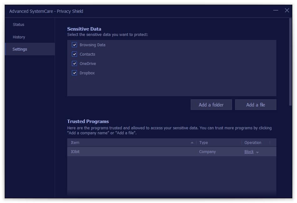 Advanced SystemCare – editing privacy settings