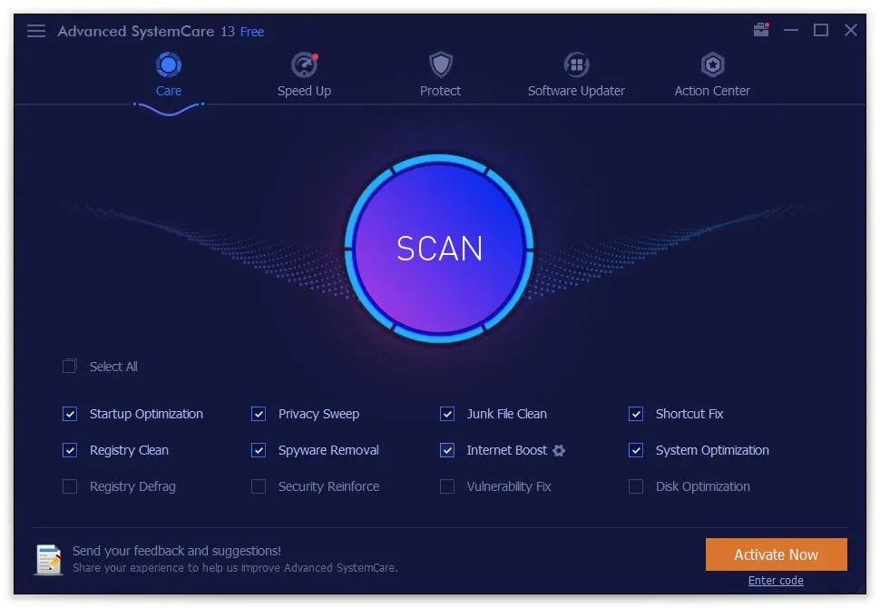 Advanced SystemCare – home screen