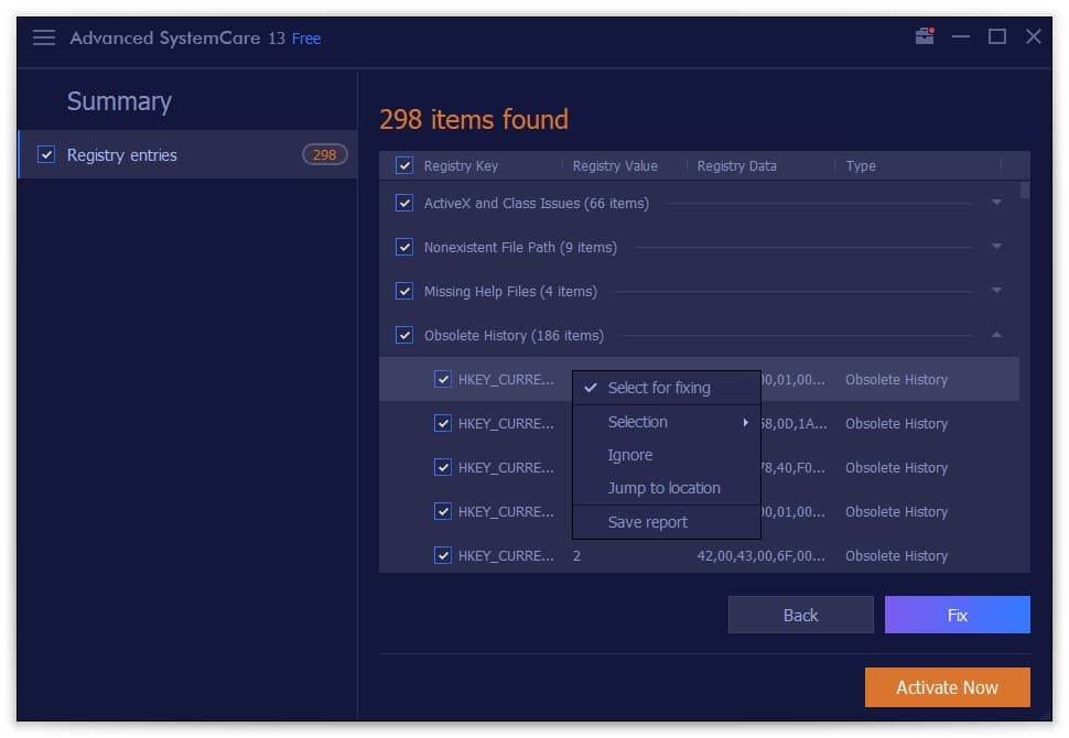 Advanced SystemCare – browse scanning results