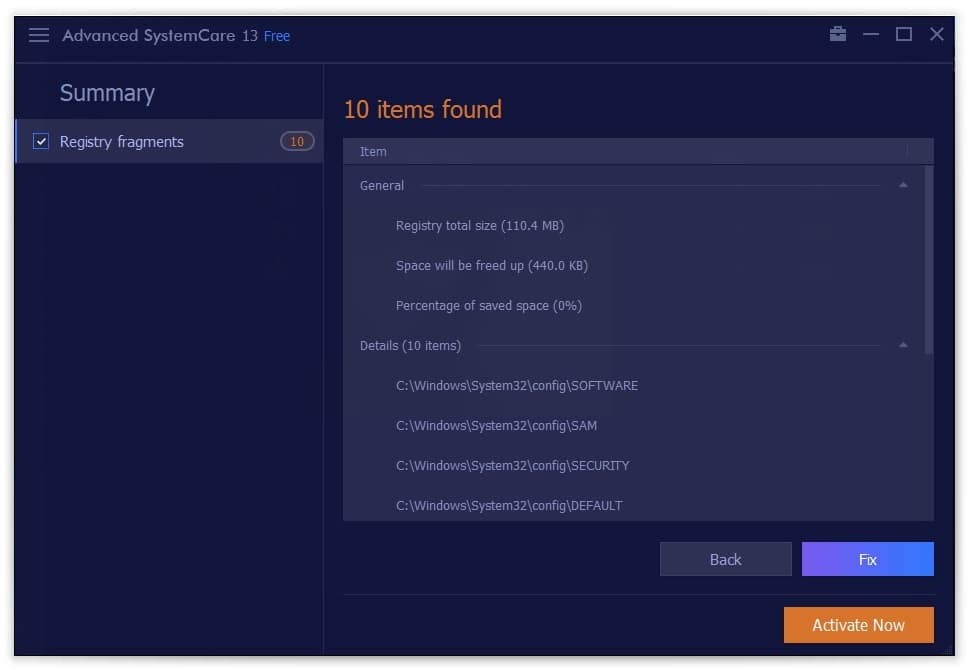 Advanced SystemCare – registry fragmentation