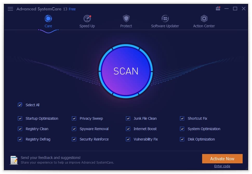 Advanced SystemCare – select all functions for scanning 