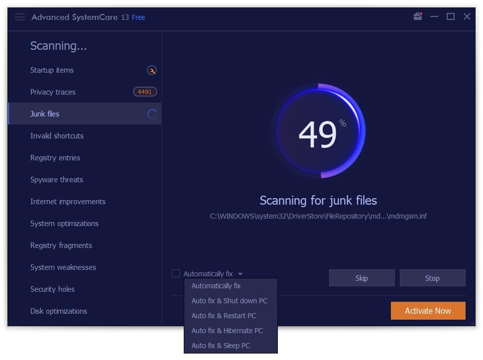 Advanced SystemCare – scanning in progress – automatic fixing options