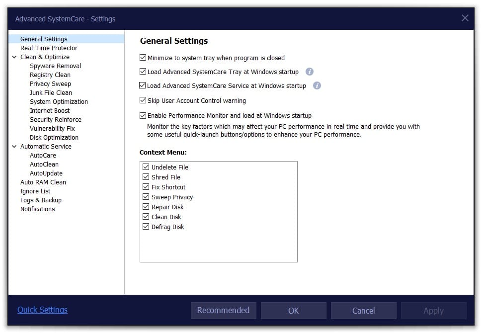 Advanced SystemCare software settings tab