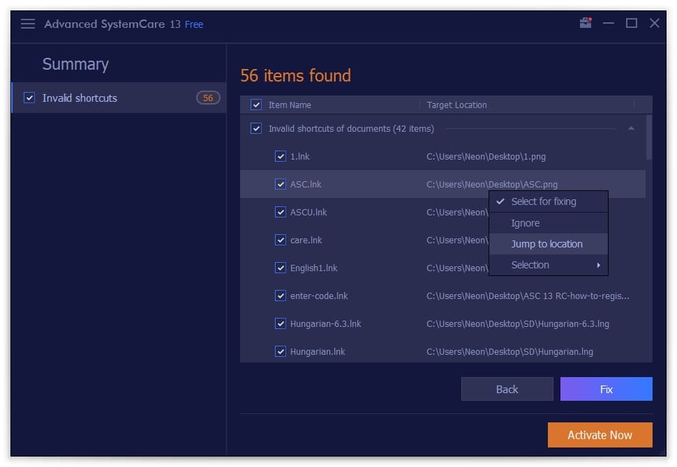 Advanced SystemCare – invalid shortcuts
