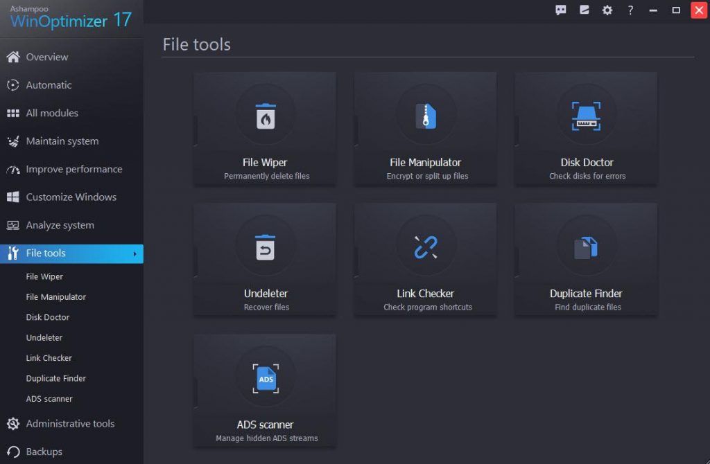 Ashampoo WinOptimizer software file tools tab
