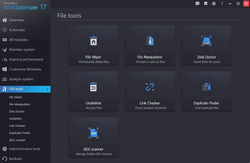 Ashampoo WinOptimizer software file tools tab