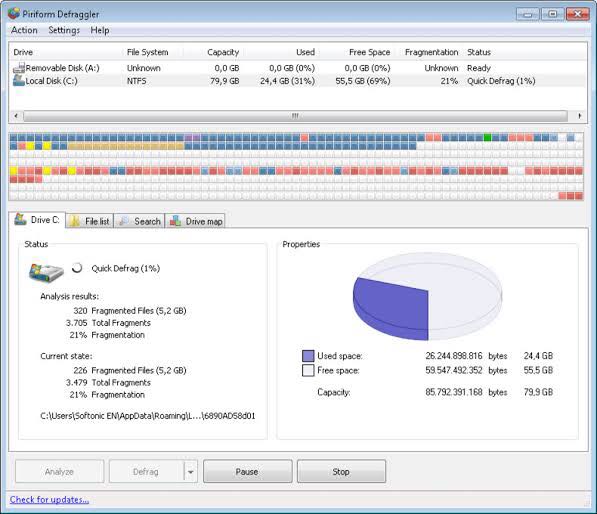 Piriform Defragger assemble all the fragmented files