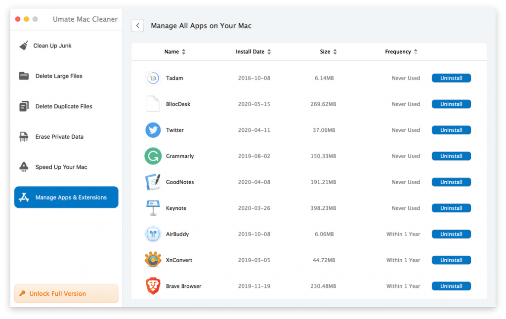 App Management on Umate Mac Cleaner