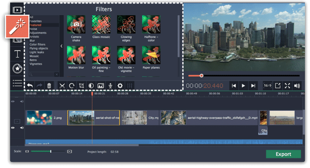 Movavi Video Editor – choose filters to add to the video