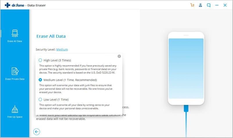 dr.fone – Data Eraser (iOS) – choose the security level