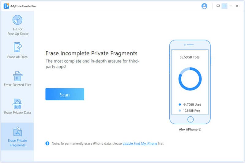 iMyFone Umate Pro – erase incomplete private fragments