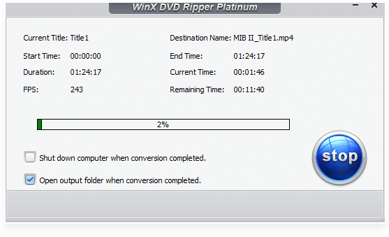 WinX DVD Ripper Platinum – conversion in progress