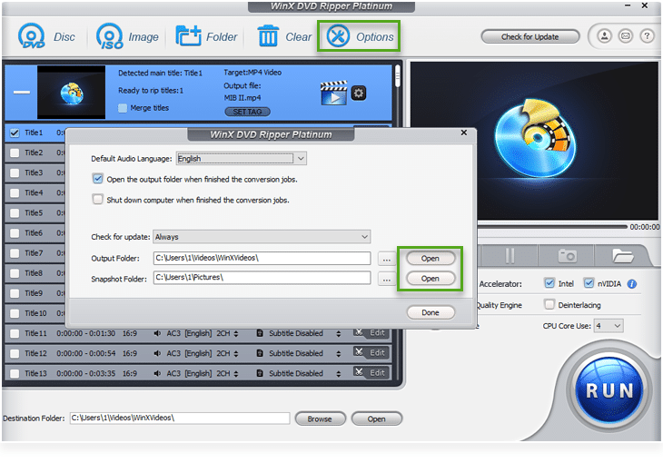 WinX DVD Ripper Platinum – customize settings in options
