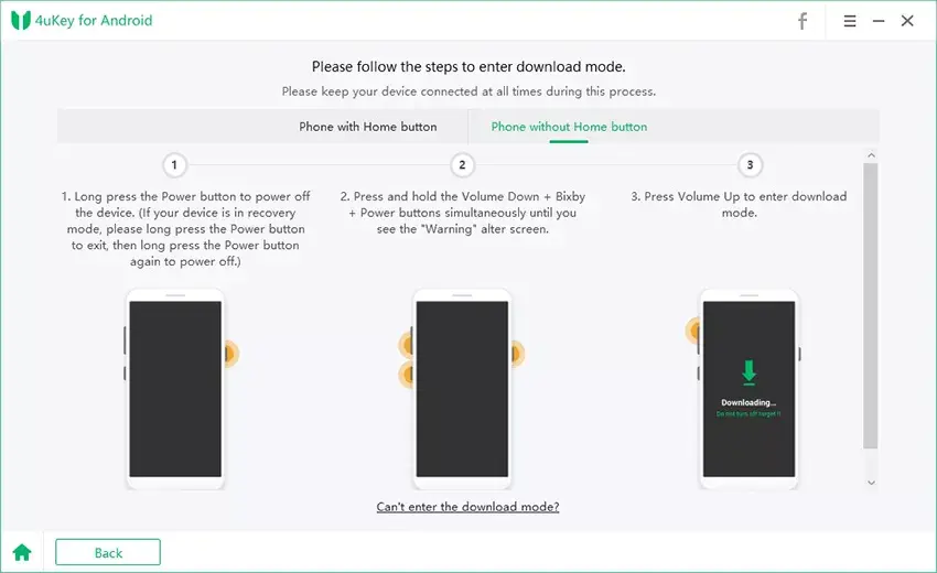 Follow instructions to enter into Download Mode for Samsung device without Home Button