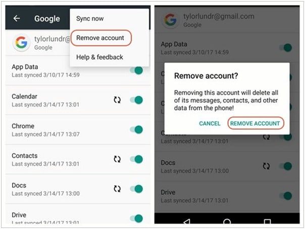 Click on Remove Account to erase the google Account details