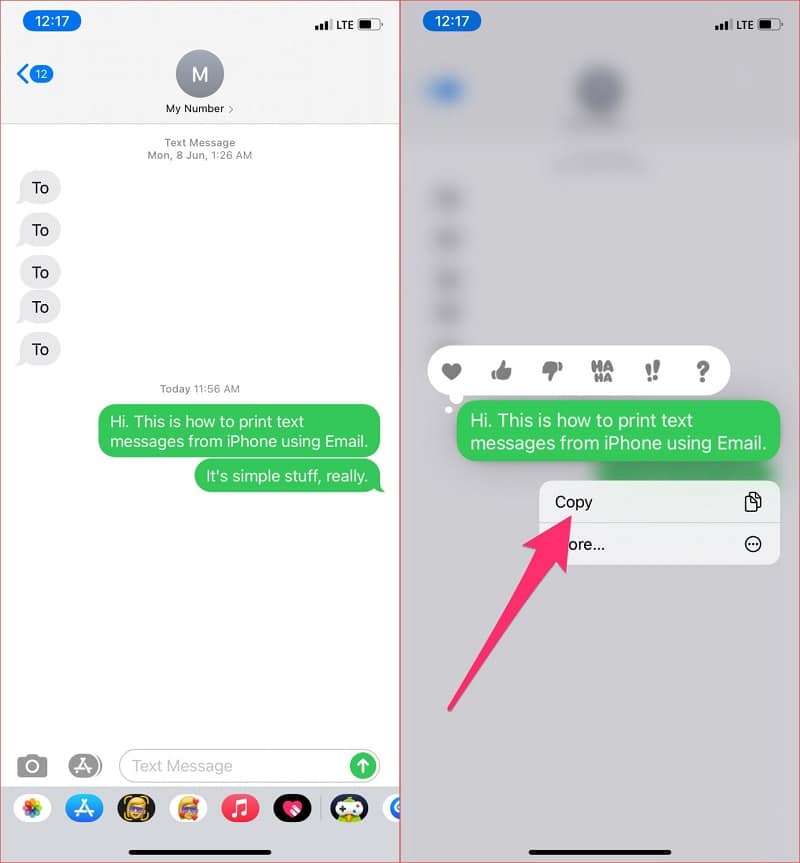 Copy text message on iPhone