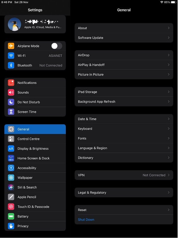iPad settings