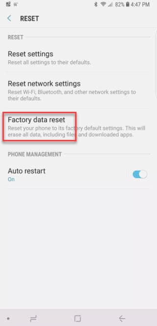 Select Factory Reset Data option in Android