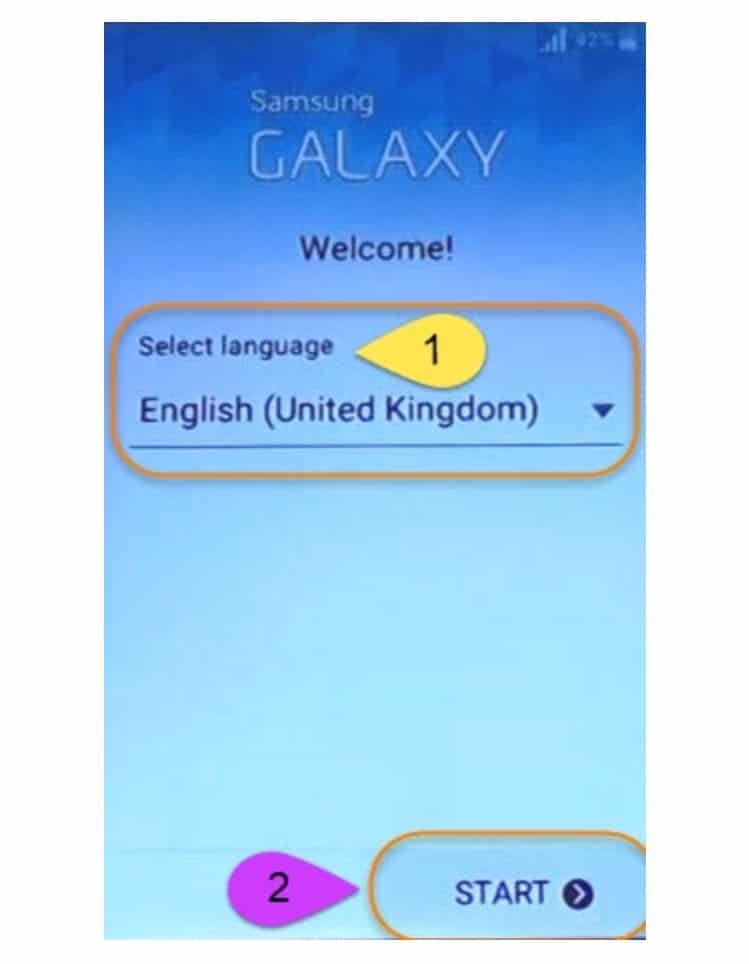 Select language and click Start in Samsung Galaxy