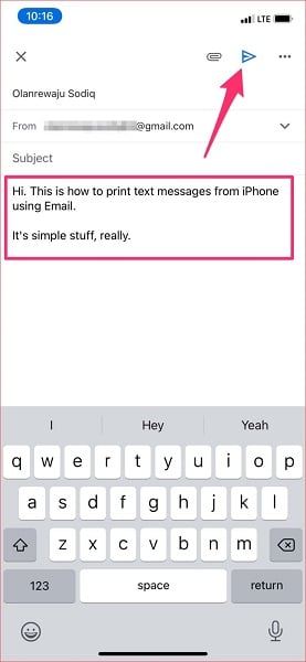 Send the email with text messages on iPhone Gmail