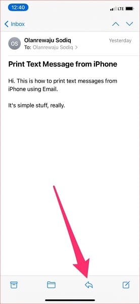 Share the email with text message on iPhone