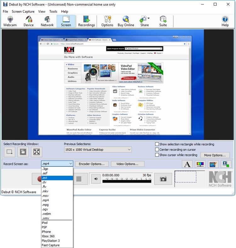 Debut Video Capture Software – choose an output format for desktop sharing