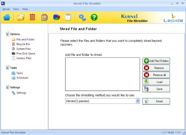 Kernel File Shredder – main screen