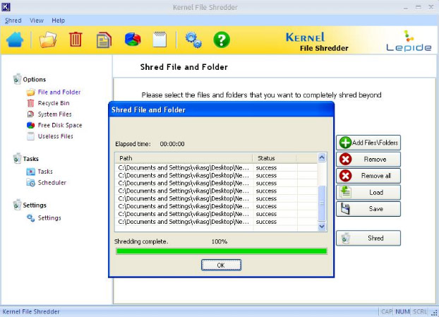 Kernel File Shredder – shredding files and folders in progress