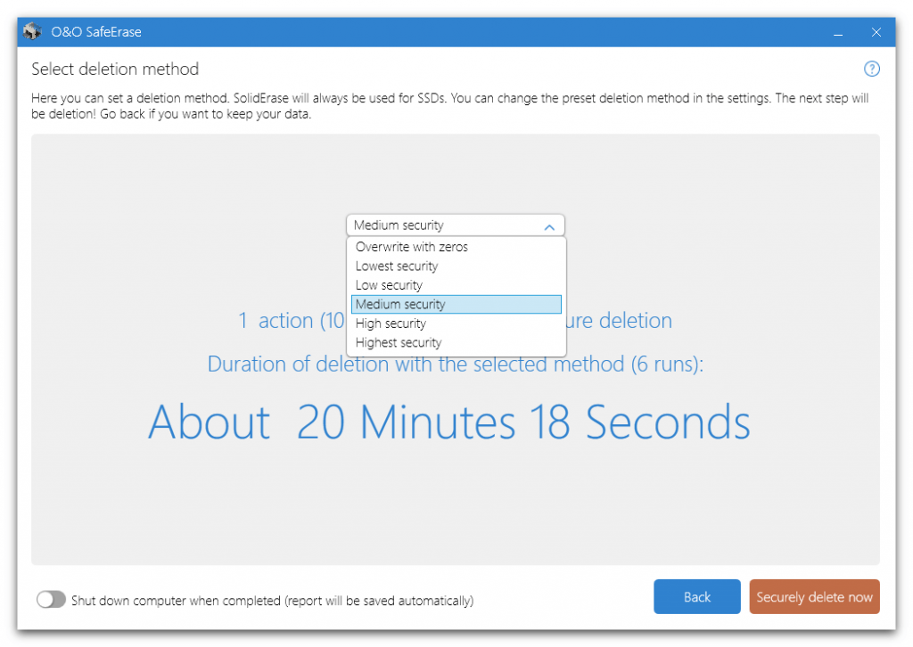 O&O SafeErase – choose the deletion method