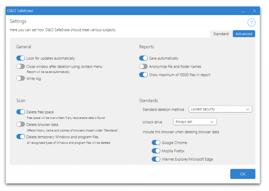 O&O SafeErase – adjust settings