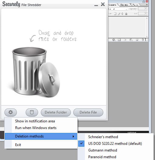 Securely File Shredder – select a deletion method