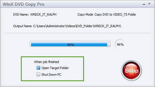 WinX DVD Copy Pro – copying in progress (open target destination)