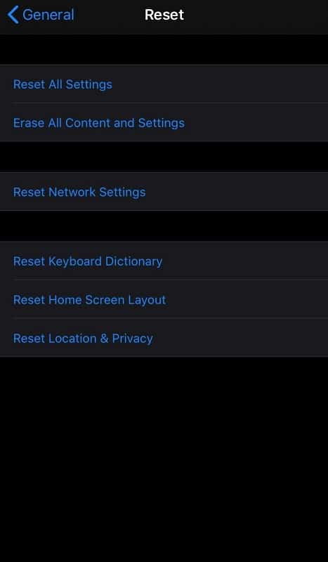 reset option on iPhone