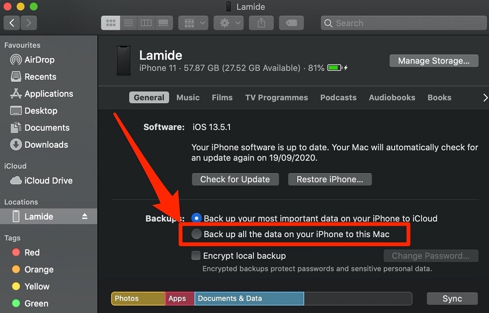 Back up all the data on your iPhone to this Mac