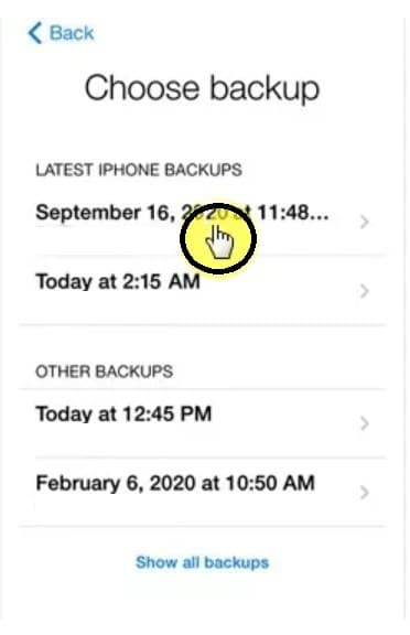 Select iCloud backup to setup new iPhone