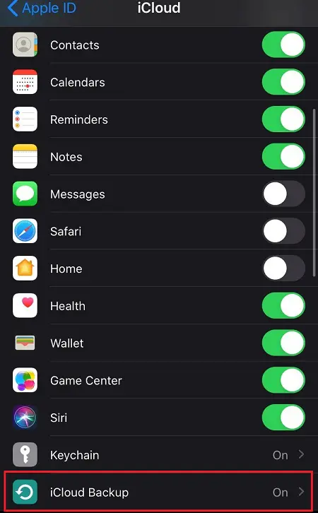 iCloud backup on settings