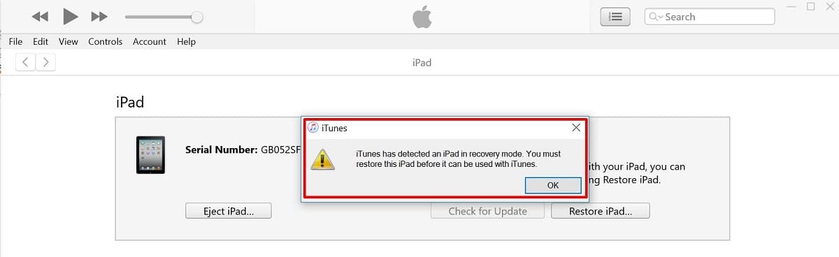 iTunes has detected an iPad in Recovery Mode