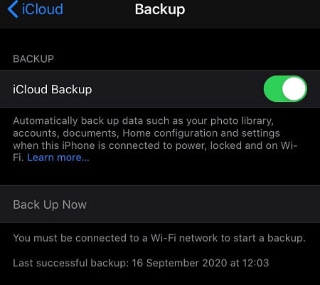 Last successful backup on iPhone